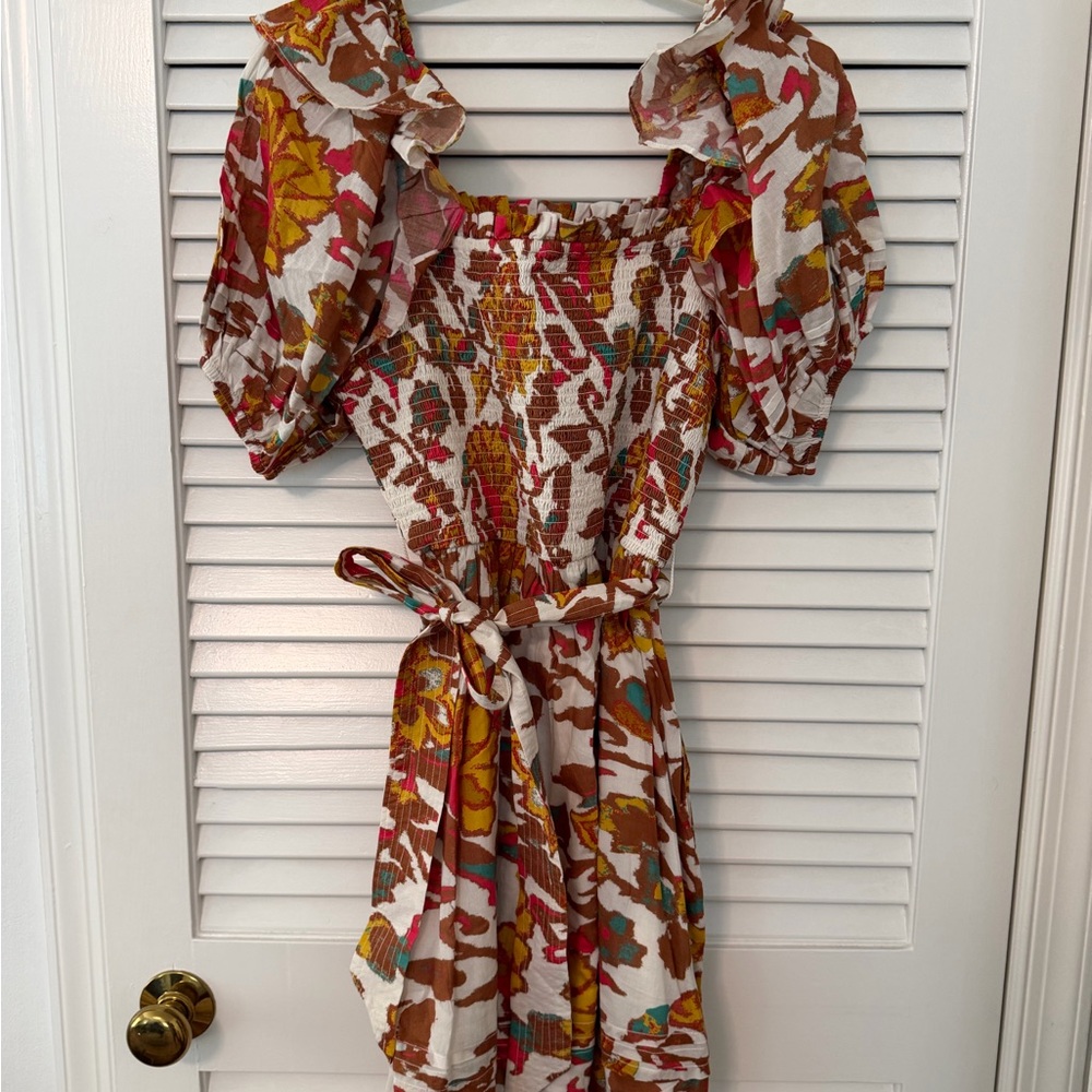 Cleobella Brown Multi Floral Smocked Mini Dress with Puff Sleeves